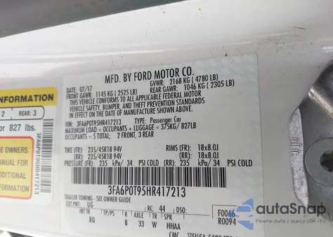 2017 Ford Fusion Se z USA, uszkodzony, nr VIN 3FA6P0T95HR417213